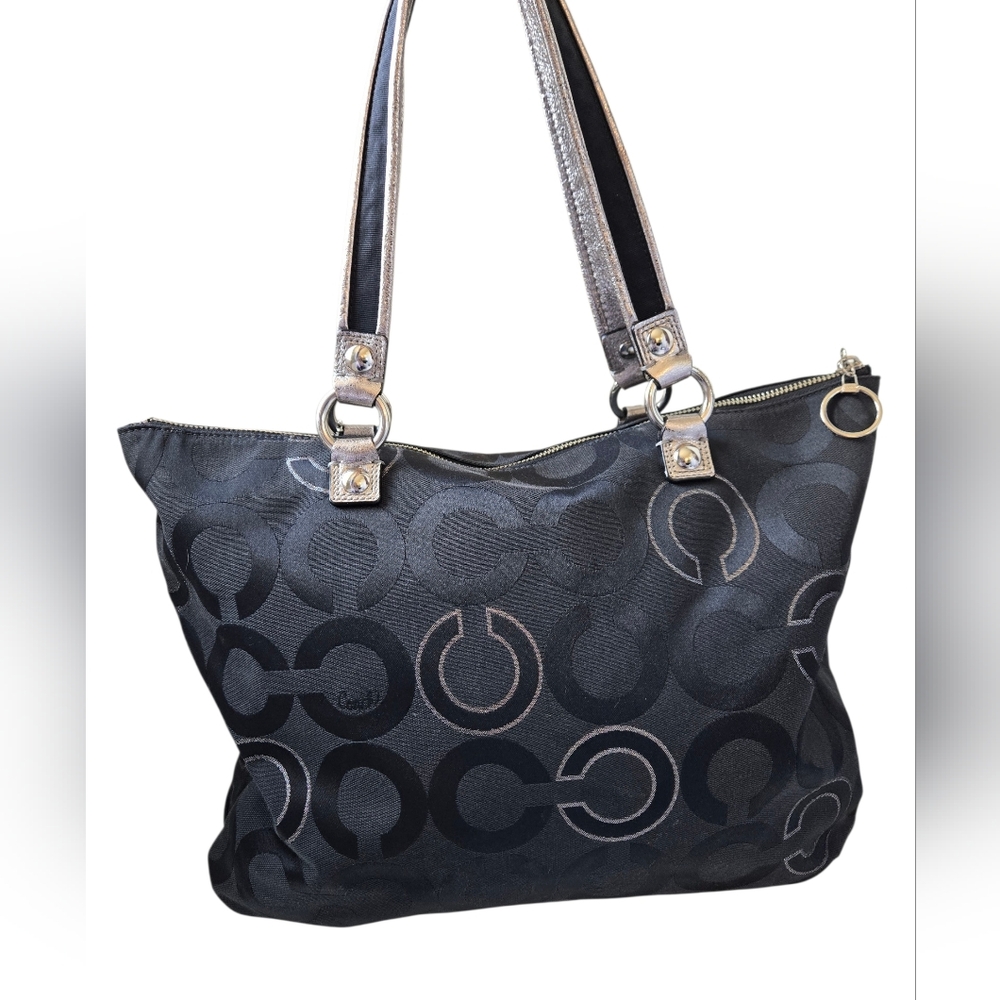 COACH 2010 Poppy Op Art Glam Black & Silver Tote Bag - Picture 2 of 16